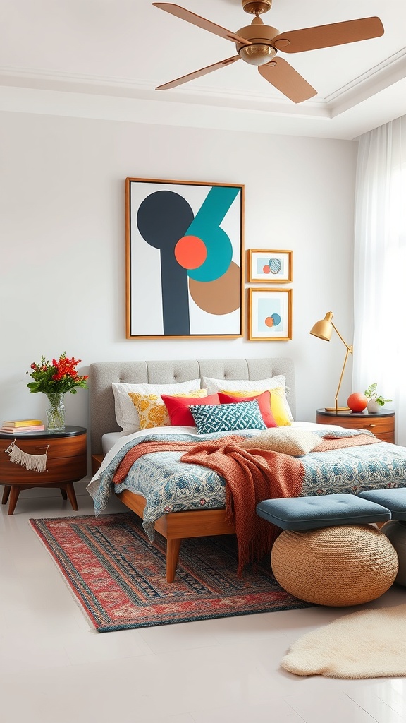 A stylish teen boy's bedroom featuring bold graphic prints in artwork and bedding.