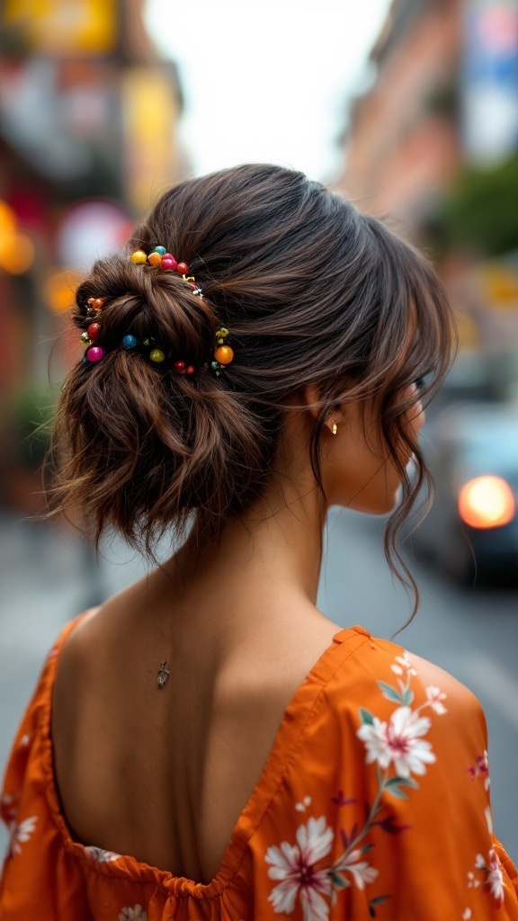 A woman with short hair styled in a half-up, half-down look, featuring a bun adorned with colorful hairpins.