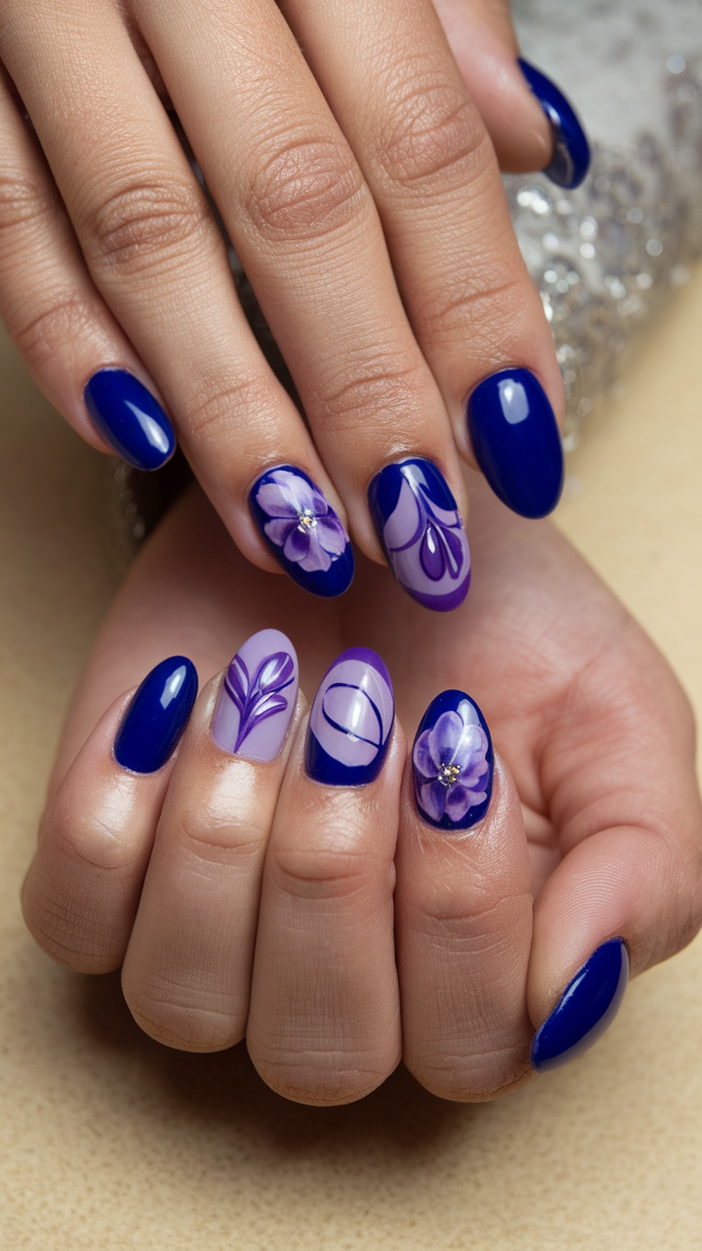Close-up of a woman's hand with beautifully designed bold jewel tone nails featuring floral patterns, against a neutral background.