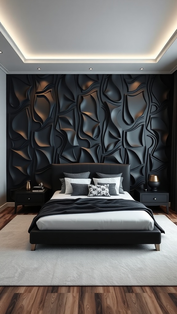 A modern bedroom featuring bold monochrome 3D wall panels in black, with a stylish bed and soft lighting.