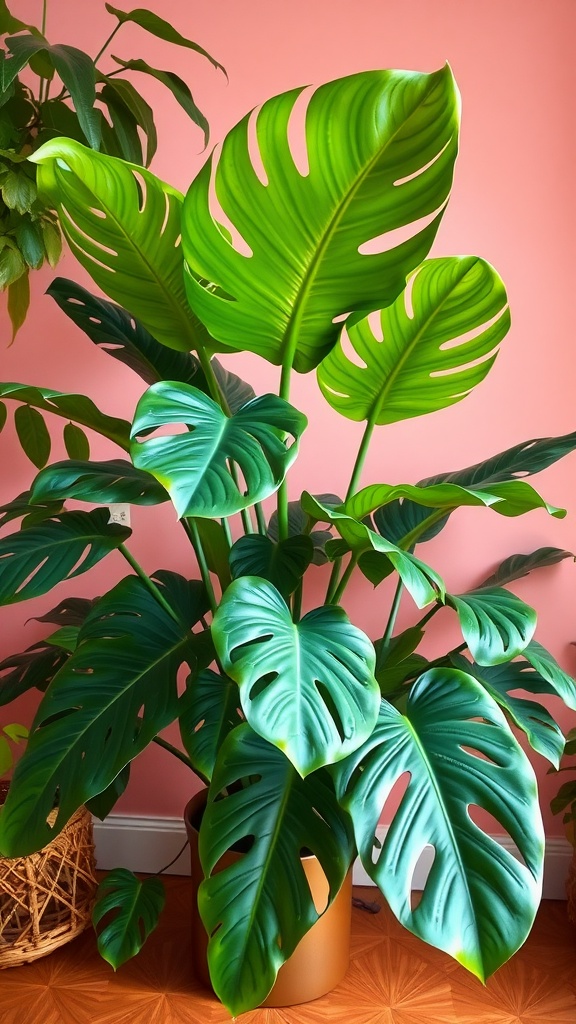 A large Monstera Deliciosa plant with glossy, split leaves in front of a pink wall.