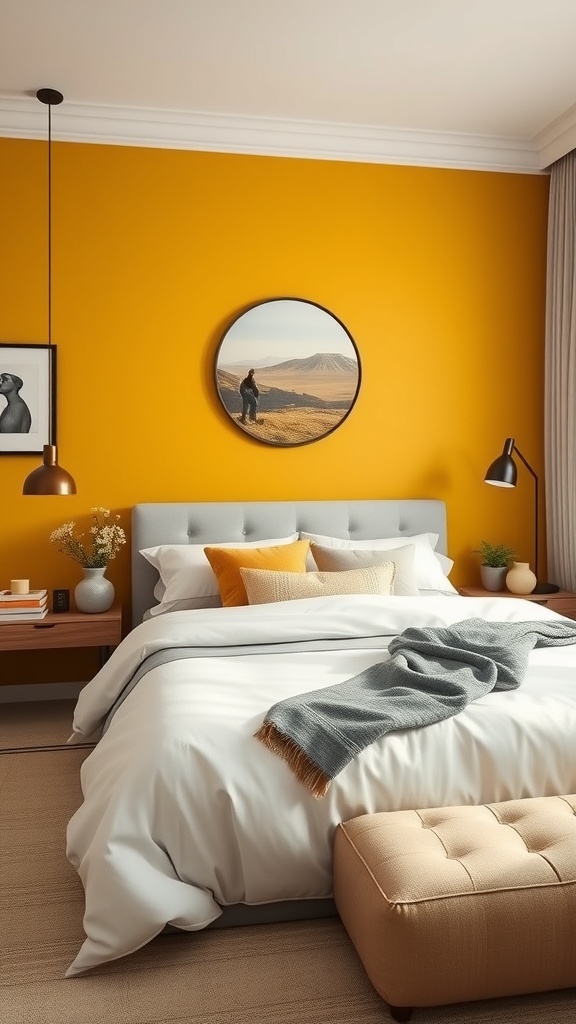 A cozy bedroom featuring a bold mustard yellow wall, gray bedding, and stylish decor.
