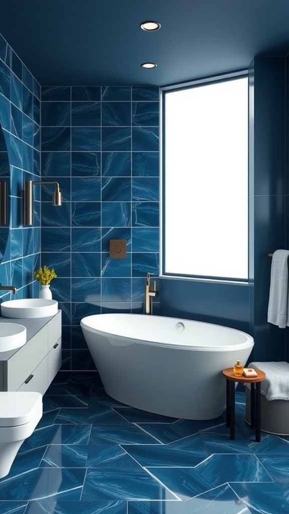 A modern bathroom with bold navy blue statement tiles, featuring a freestanding tub and sleek vanity.