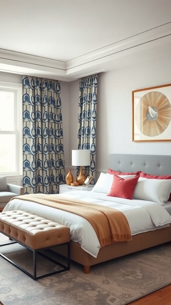 A cozy bedroom featuring bold patterned drapes in blue and cream, a comfortable bed with decorative pillows, and a stylish bench.