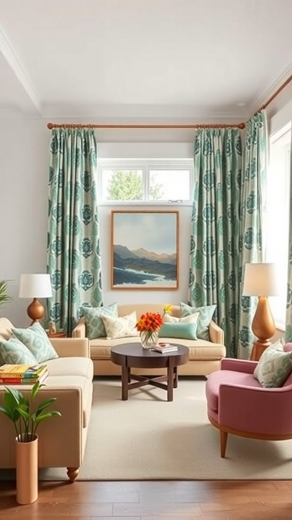 Living room with bold patterned drapes and colorful furniture.