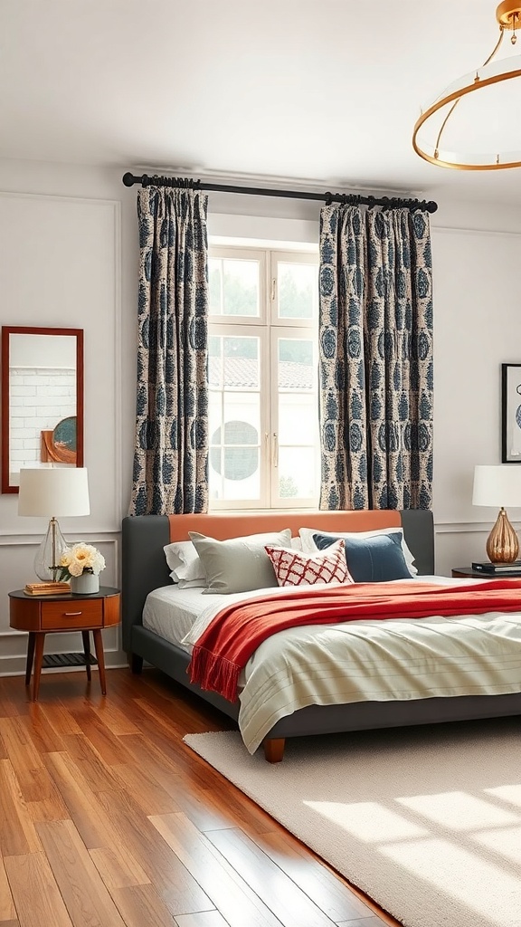 A stylish bedroom featuring bold patterned drapes, a modern bed, and elegant decor.