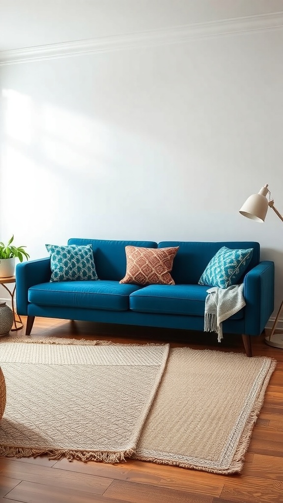 A navy blue sofa with colorful patterned pillows in a bright living room setting.