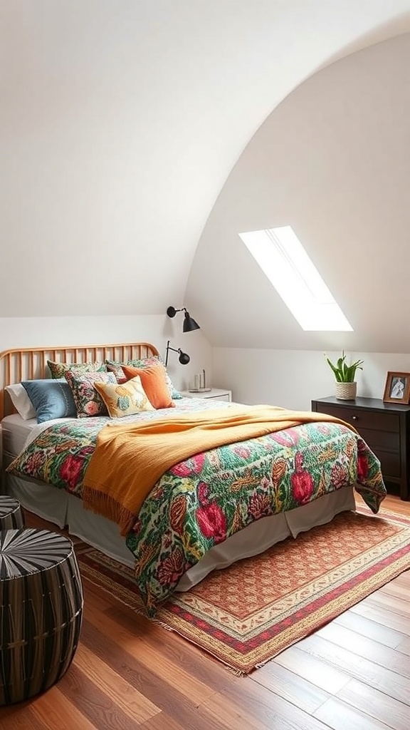 A cozy attic bedroom featuring a vibrant floral quilt, decorative pillows, and a patterned rug.