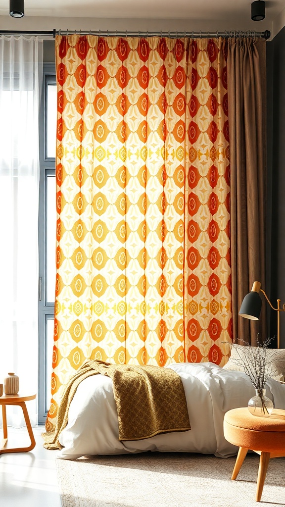 Vibrant patterned curtains in warm tones hanging in a stylish bedroom.