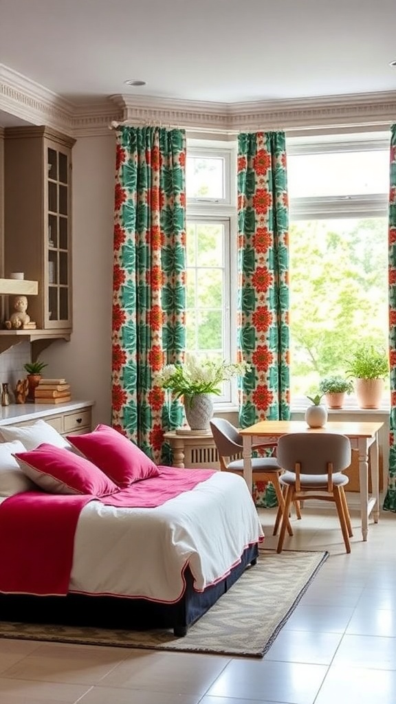 A kitchen with vibrant floral curtains, a bed with pink pillows, and a dining area with a small table and chairs.