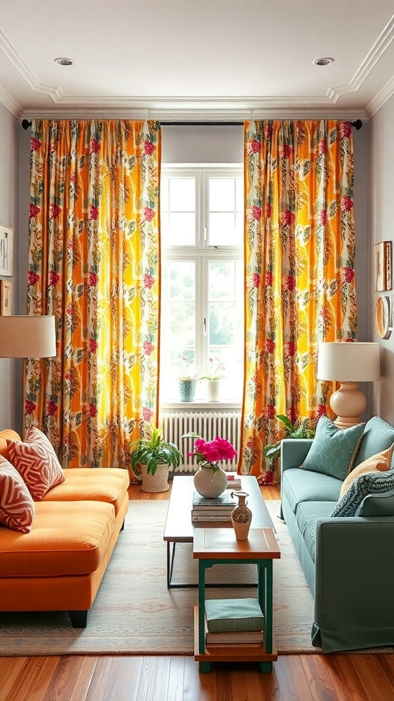 Living room with bold patterned curtains in orange and floral designs, featuring a blue sofa and an orange couch.
