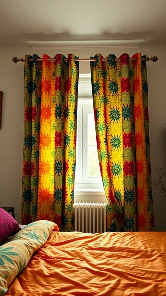 Brightly patterned curtains in a bedroom with orange bedding and a window.