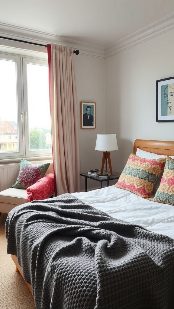 A cozy bedroom featuring bold patterned pillows and a textured blanket