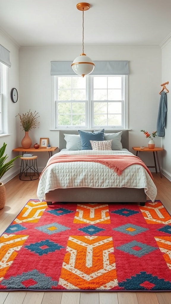 A colorful kitchen rug with geometric patterns in red, orange, and blue, placed in a bright kitchen setting.