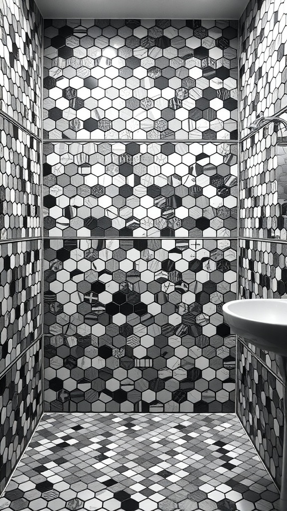 Bathroom featuring bold hexagon tiles in black and white patterns on walls and floor.
