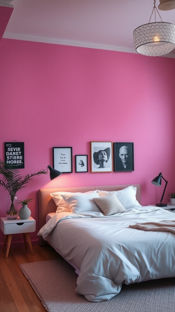 A stylish bedroom featuring a bold pink accent wall, neutral bedding, and black accents.