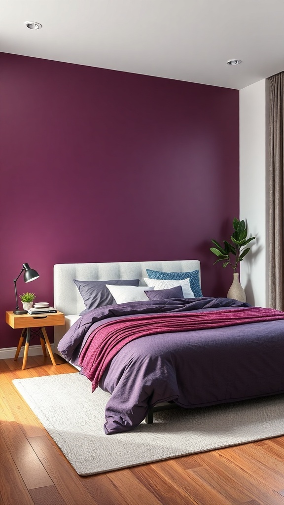 A bedroom featuring a bold plum accent wall, with a bed dressed in purple linens and a small plant beside a nightstand.