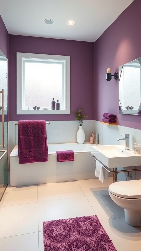 A modern bathroom featuring bold plum accents on the walls, towels, and rug, with sleek fixtures and natural light.