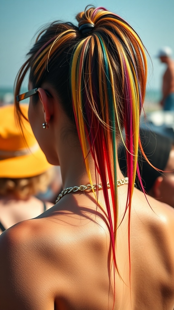 A woman with a colorful ponytail featuring stripes of pink, blue, and yellow.