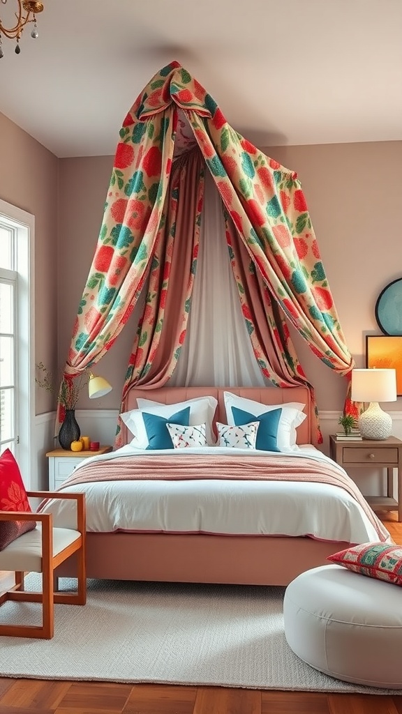 A colorful bedroom canopy made from bold printed fabric draping from the ceiling, enhancing the cozy atmosphere with a playful vibe.