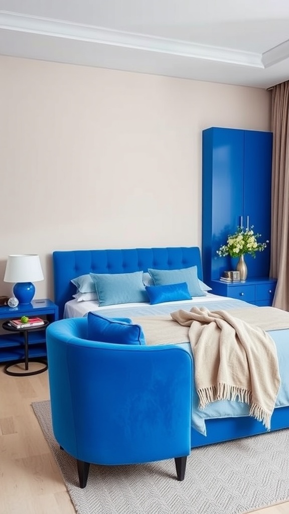 A stylish blue bedroom with a royal blue bed, accent chair, and matching decor.