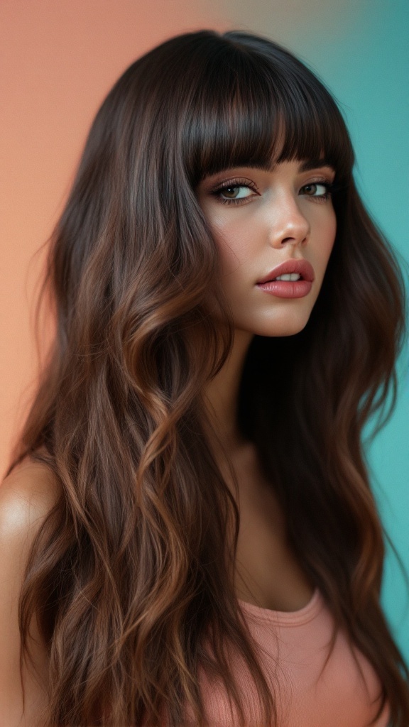 A woman with long wavy hair and bold side bangs, posing against a colorful background.