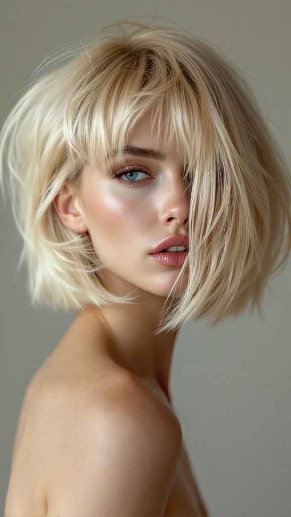A close-up of a person with blonde hair styled in bold stacked bangs, showcasing a soft and tousled look.