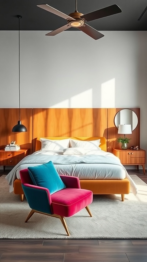 A bedroom featuring a colorful armchair, a wooden bed frame, and modern lighting.