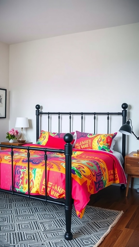 A bedroom featuring a black metal bed frame with vibrant colorful bedding.