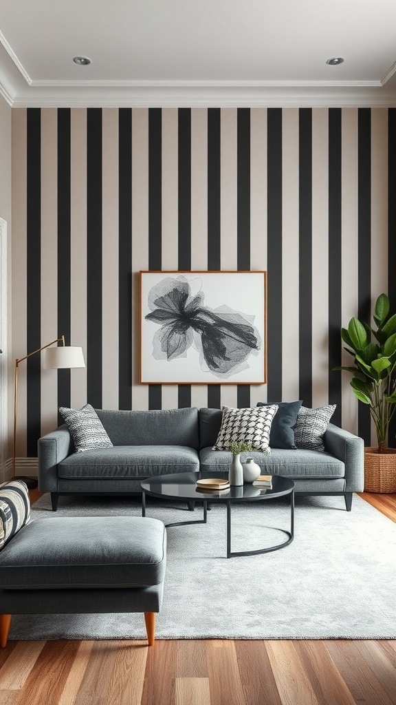 Living room with a bold striped accent wall in black and beige, featuring a stylish sofa and decorative elements.