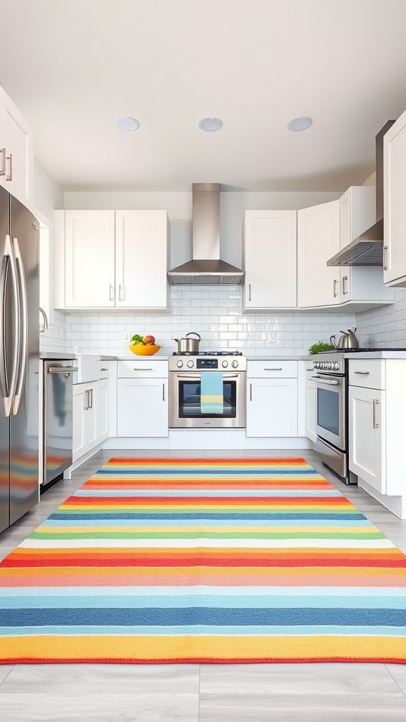 A colorful bold striped rug in a modern kitchen with white cabinets and stainless steel appliances.