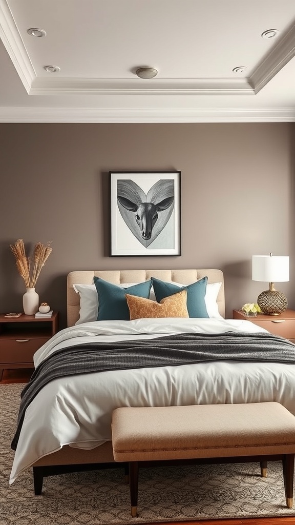 A cozy bedroom featuring a taupe feature wall, stylish bedding, and decorative accents.