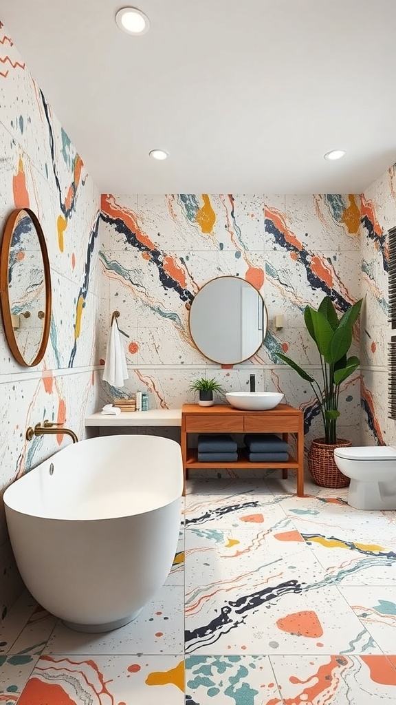 A vibrant bathroom with bold terrazzo tile patterns on the walls and floor, featuring a modern bathtub and a round mirror.