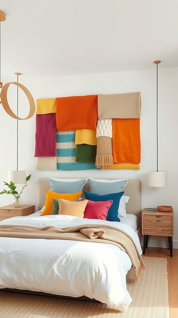 Colorful textile wall art made from various fabric pieces hung above a bed in a stylish bedroom.