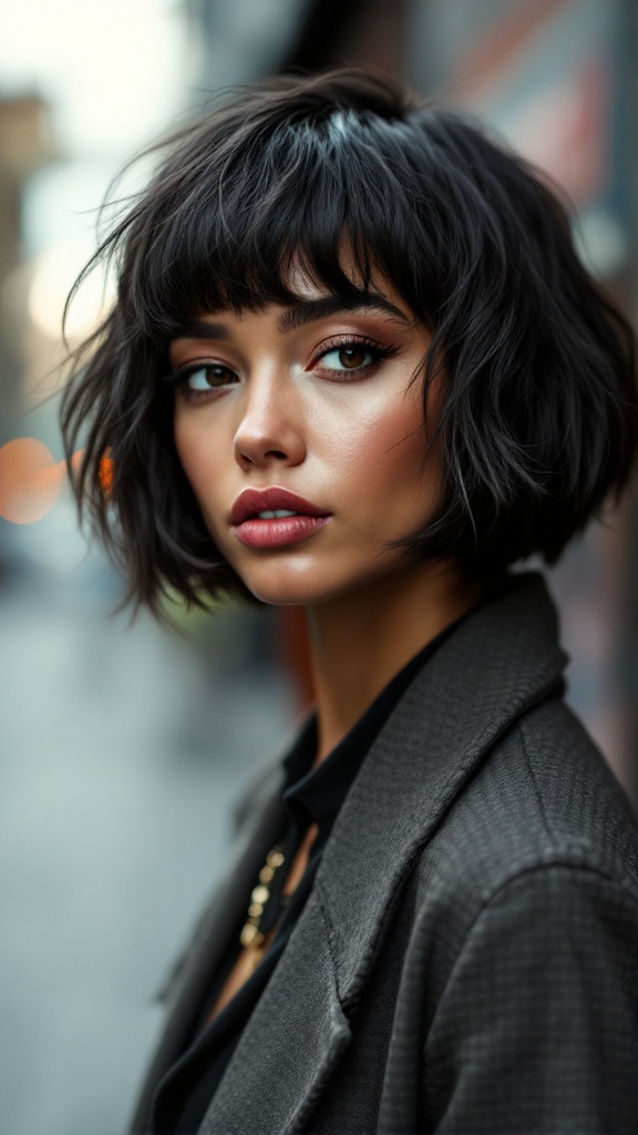 A model with a bold textured bob cut, featuring soft waves and bangs, dressed in a chic blazer.