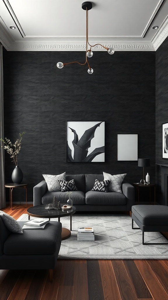 A stylish black living room featuring textured walls, modern furniture, and decorative elements.