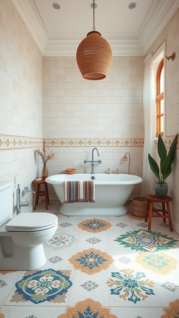 A bohemian bathroom featuring bold patterned tiles on the floor, a freestanding bathtub, and natural decor elements.