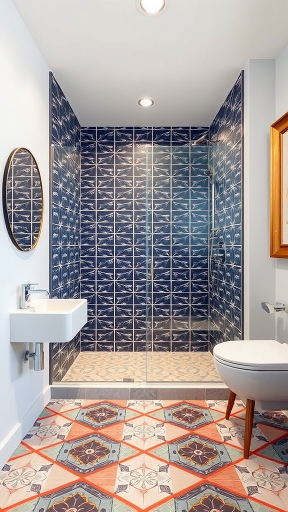 A walk-in shower featuring bold blue tile patterns on the walls and a colorful patterned floor.