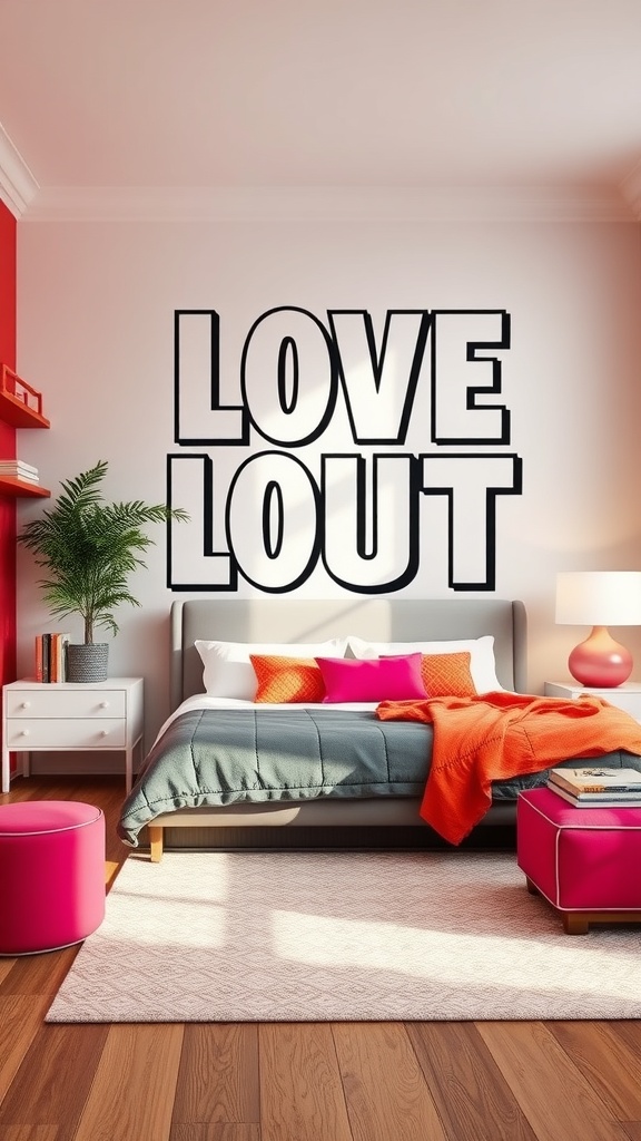 A bedroom featuring bold typography art on the wall with the words 'LOVE' and 'LOUT'.