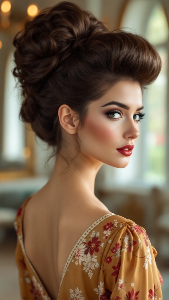 A model with a bold vintage bouffant hairstyle, showcasing voluminous curls and elegant makeup.
