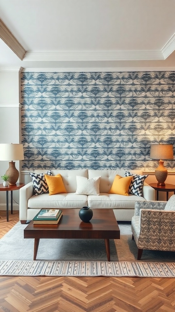 Living room with bold blue and white wallpaper, neutral furniture, and colorful accents.