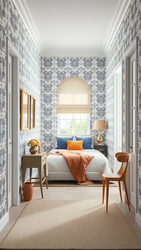 A hallway with bold floral wallpaper, a small table, a chair, and natural light.
