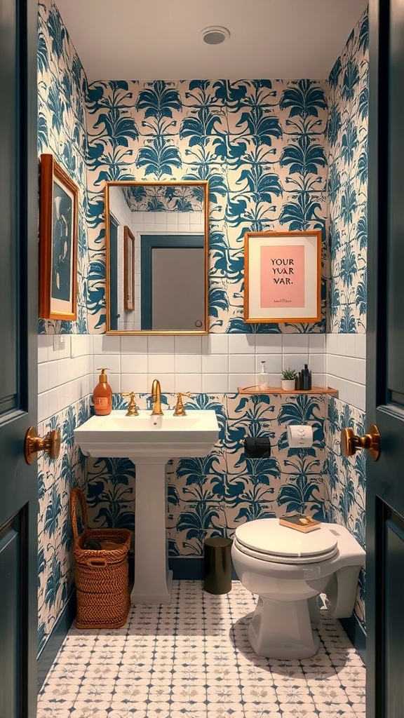 A small modern bathroom with bold floral wallpaper, white tiles, and gold fixtures.