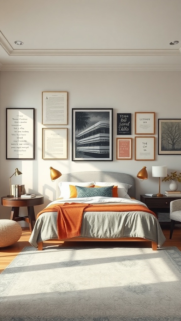 A cozy bedroom with a bed and book-themed wall art featuring framed literary quotes and images.
