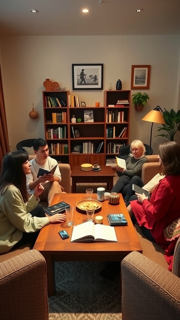 A group of friends gathered around a table for a book club meeting with snacks.