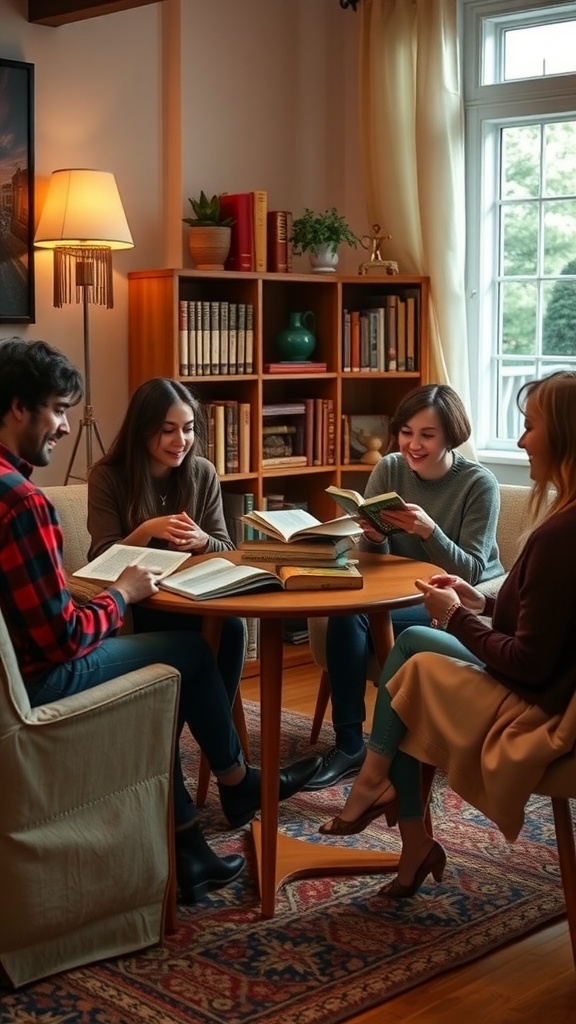 A cozy book club meeting with friends discussing their readings around a table.