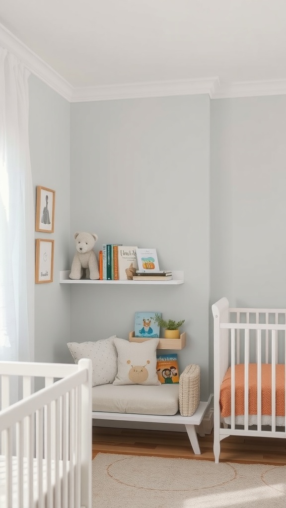 Cozy nursery book nook with a shelf of children's books and a comfortable seating area.