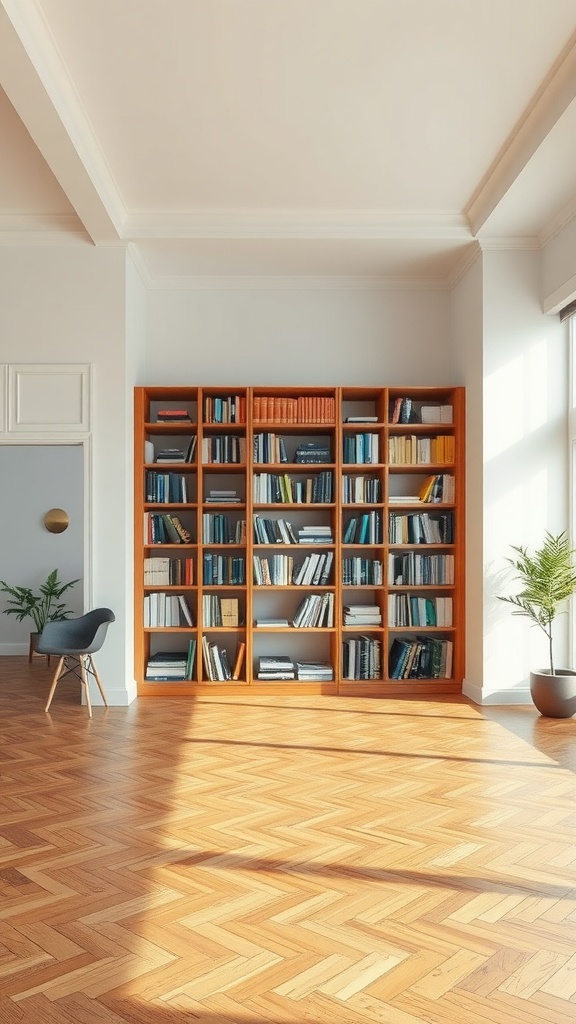 A wooden bookcase used as a room divider in a bright, spacious room with herringbone flooring and plants.
