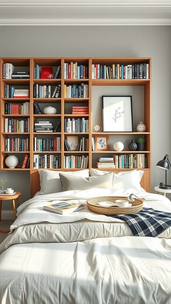 A cozy bedroom featuring a bookcase headboard filled with books and decorative items.