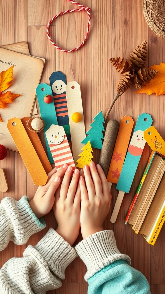 Colorful handmade bookmarks with fun designs, surrounded by leaves and craft materials.
